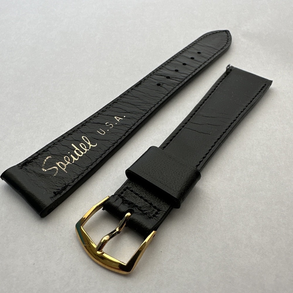 Speidel USA Vintage Black Genuine Cowhide Saddle Leather Watch Strap 3/4‎ L Gold